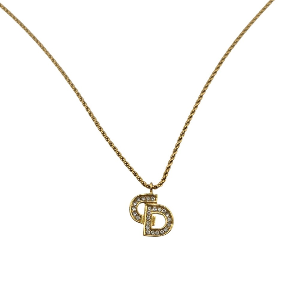 Christian Dior CD Logo Necklace Gold Tone Pave Crystal Pendant Vintage Jewelry